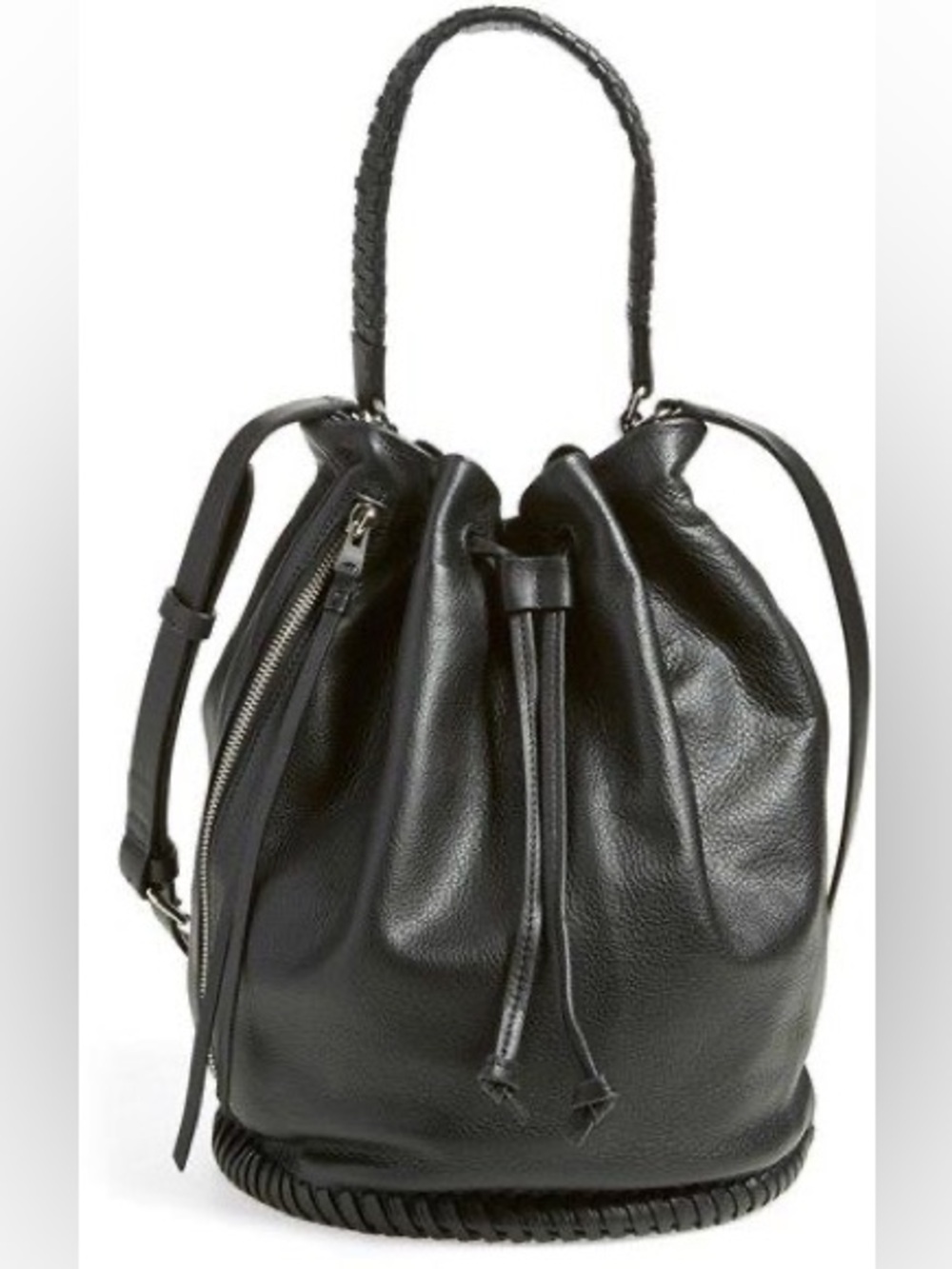 All Saints Black Leather Drawstring Bucket Bag
